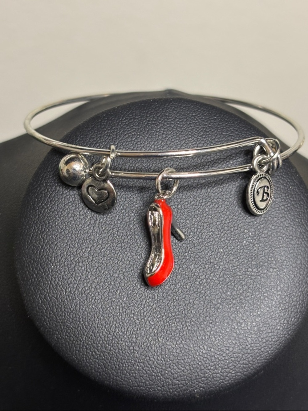 Bella Perkins Red Heel Heart Charm Silver Tone Adjustable Bangle Bracelet